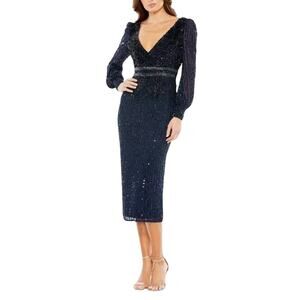 Mac Duggal 93593 Midnight Blue Sequin Beaded Midi Dress Size 12 $498